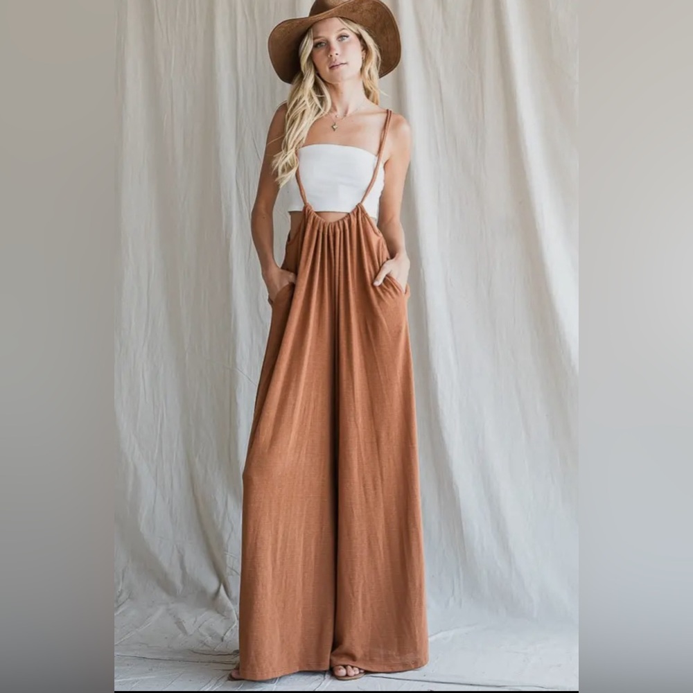 Wide Leg Solid Textured Knit
Suspender Pants.  Super comfy and stylish!